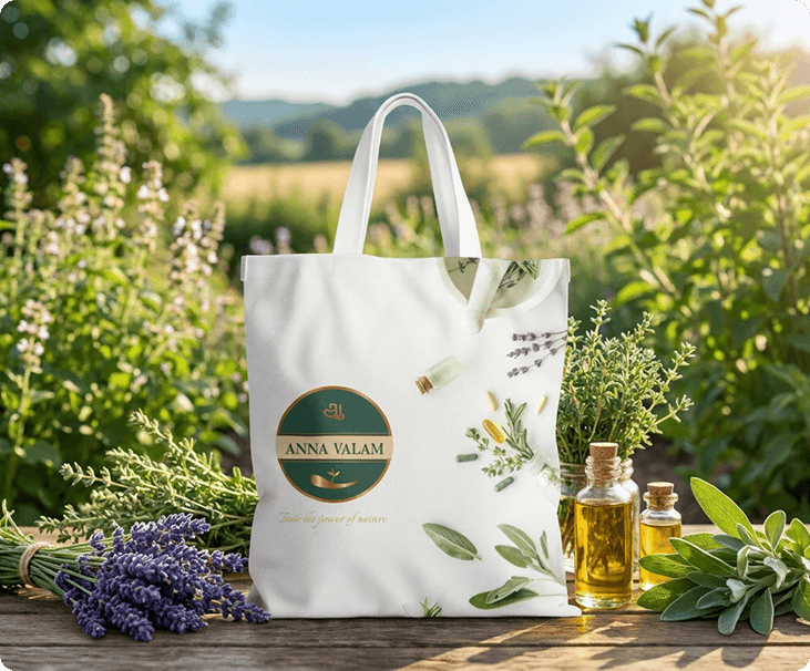 Anna Valam tote bag with botanical ingredients